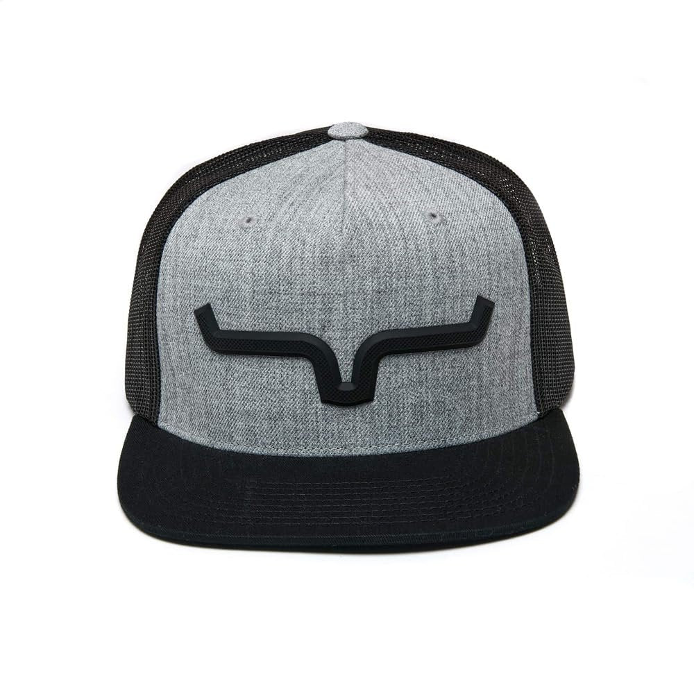 Gray and black trucker cap with a logo on a white background