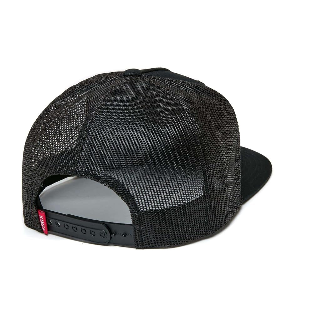 Black mesh cap with a red label on a white background