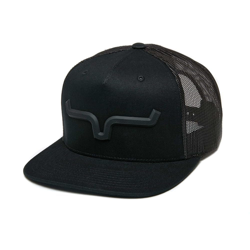 Black trucker cap with mesh back on a white background