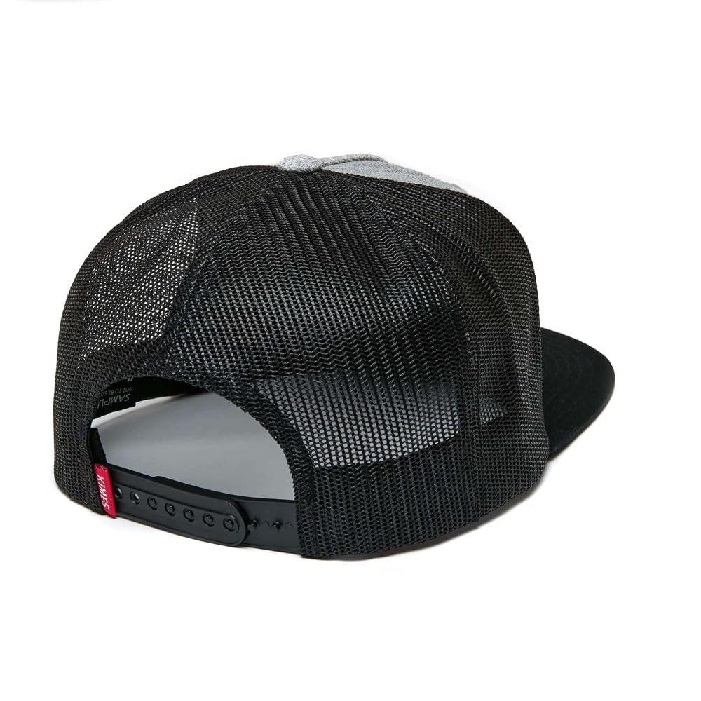 Black mesh cap with a red label on a white background