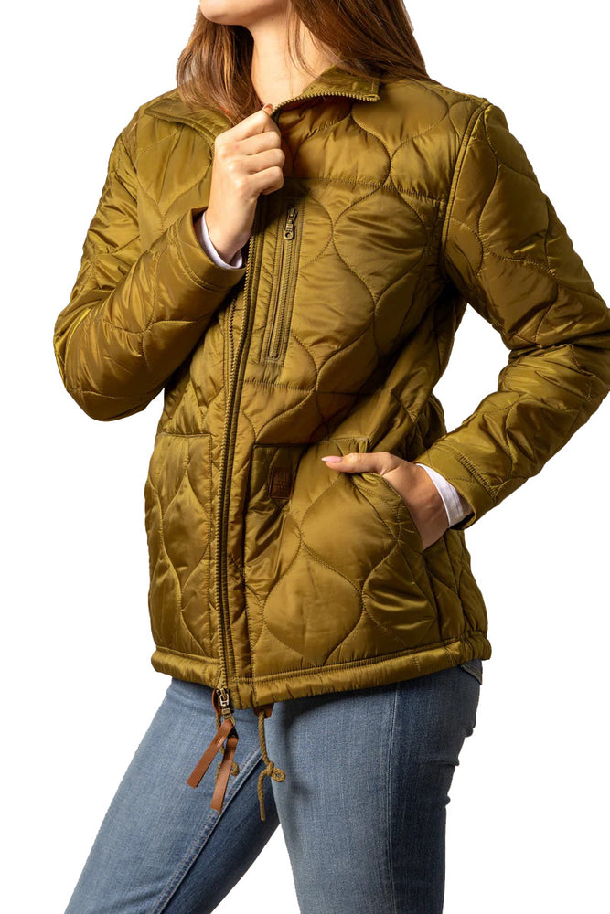 Person wearing a green quilted jacket on a white background