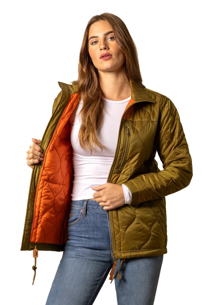 
                  
                    Woman wearing a green quilted jacket with an orange lining on a white background
                  
                