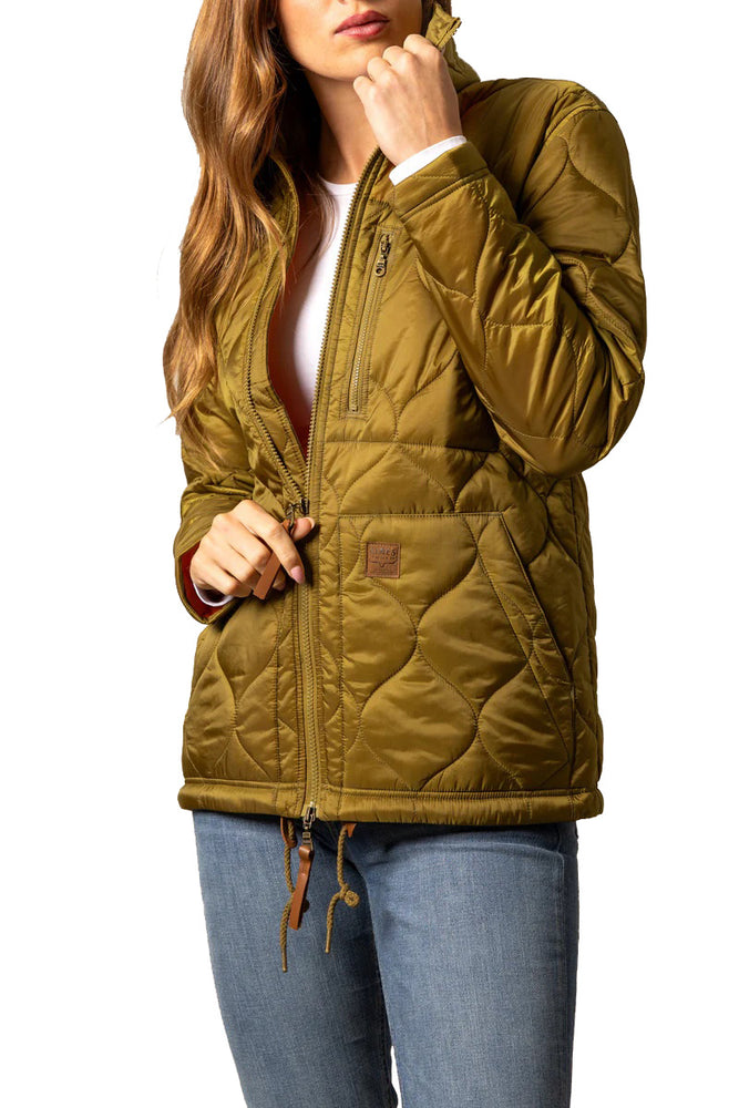 
                  
                    Person wearing a green quilted jacket with a white background
                  
                