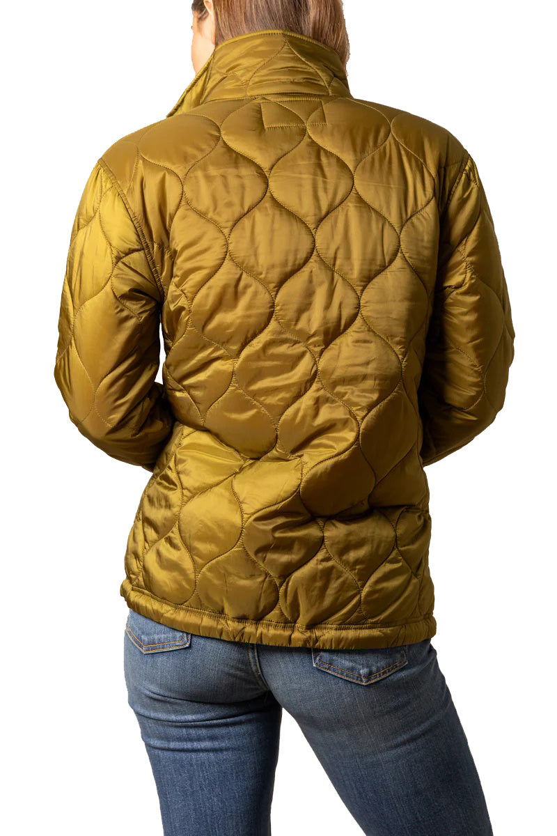 Person wearing a quilted mustard yellow jacket on a white background
