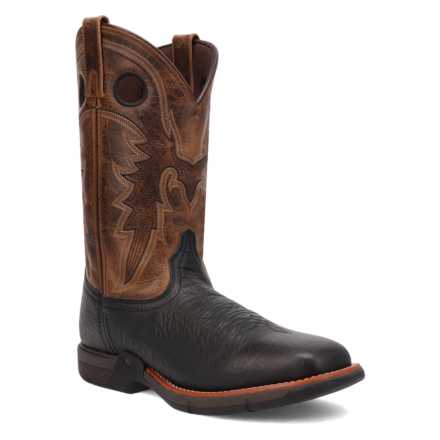 Brown and black cowboy boot on a white background