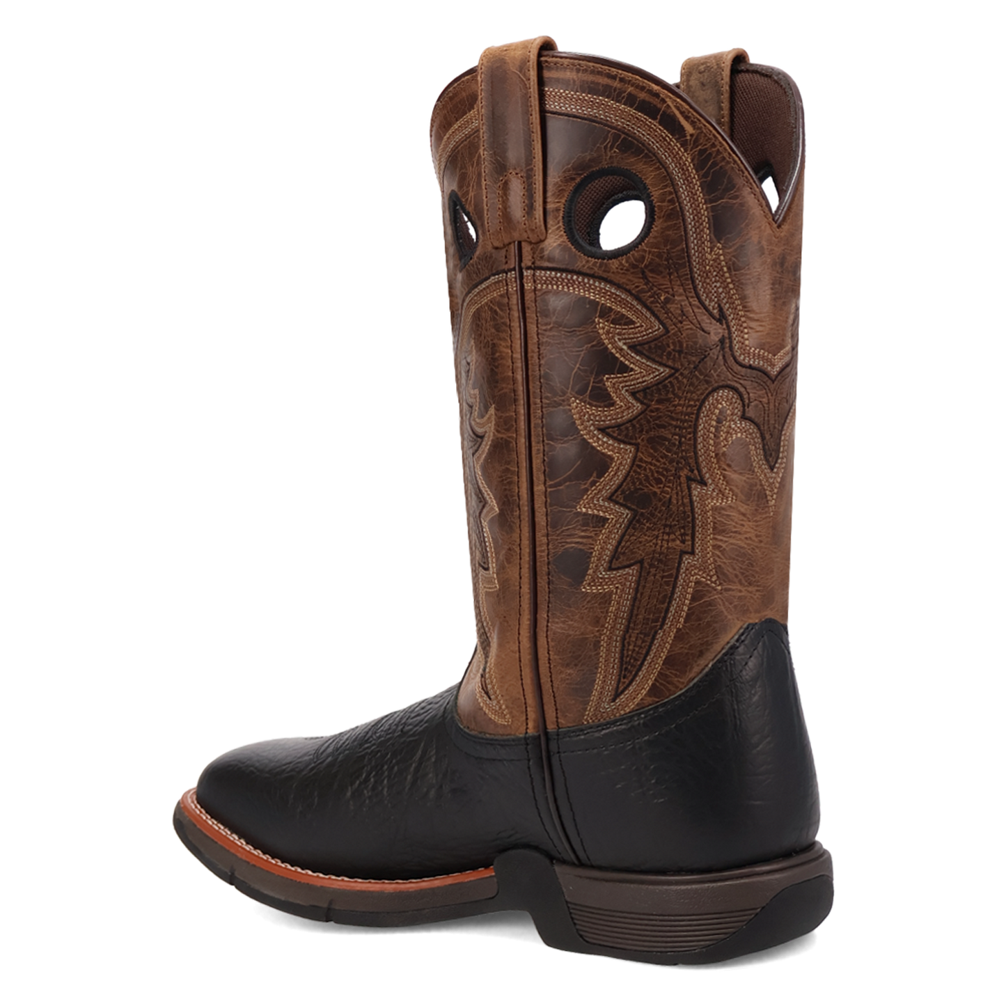 Brown and black cowboy boot with intricate design on a white background