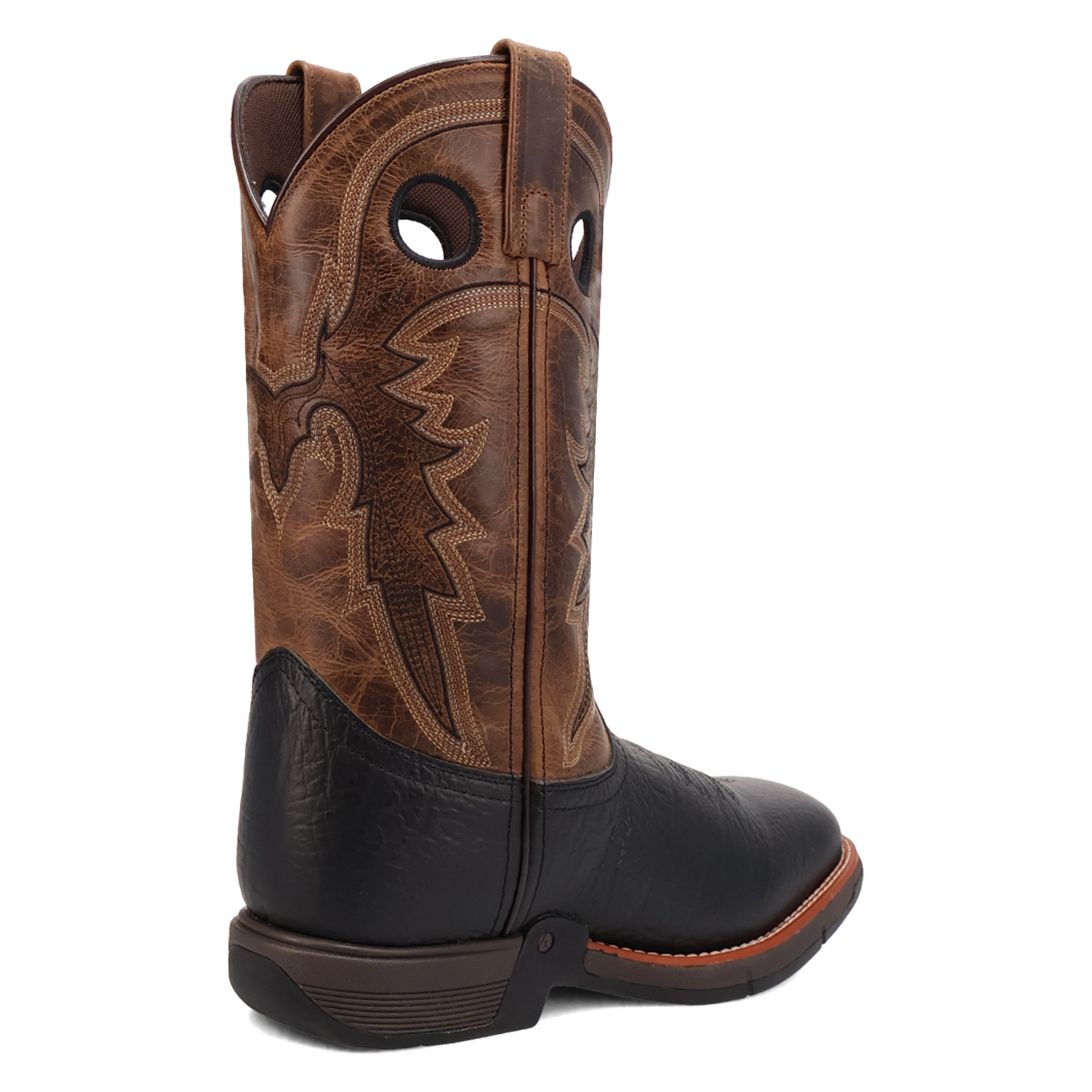 Brown and black cowboy boot with intricate design on a white background