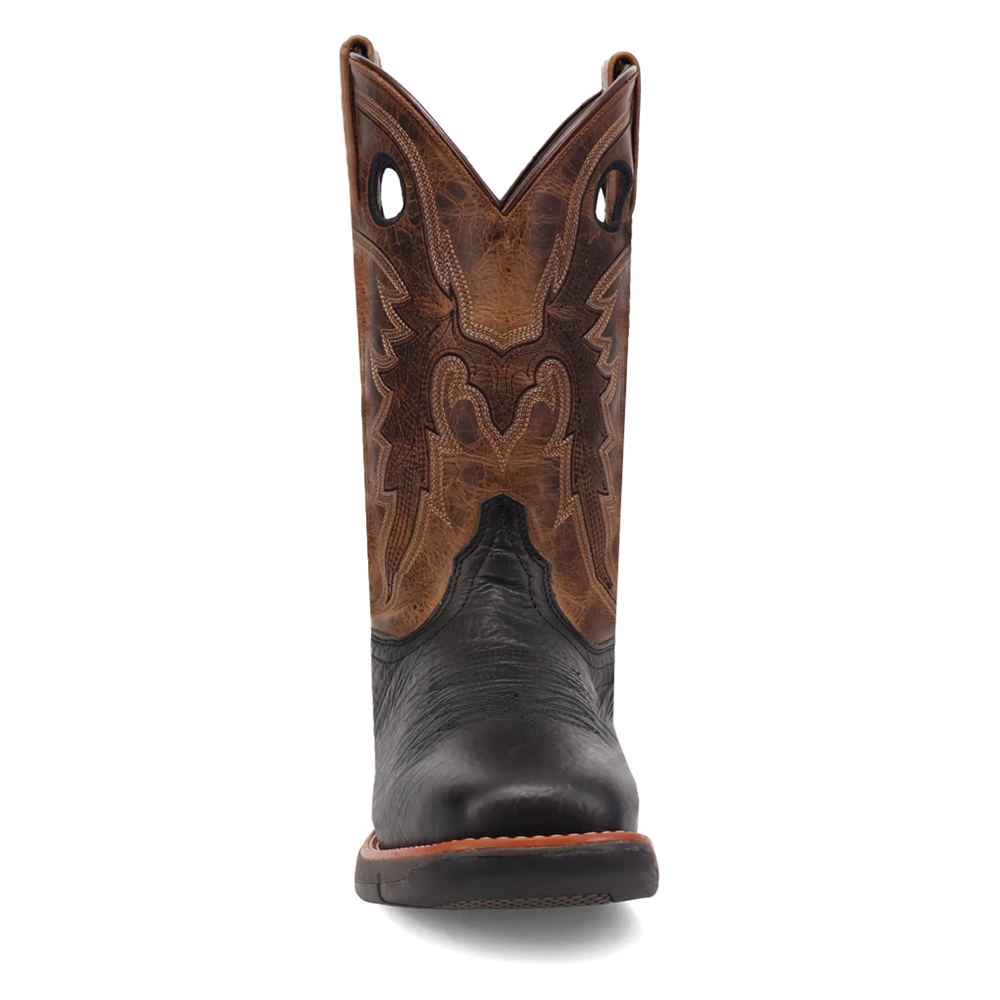 
                  
                    Brown and black cowboy boot on a white background
                  
                