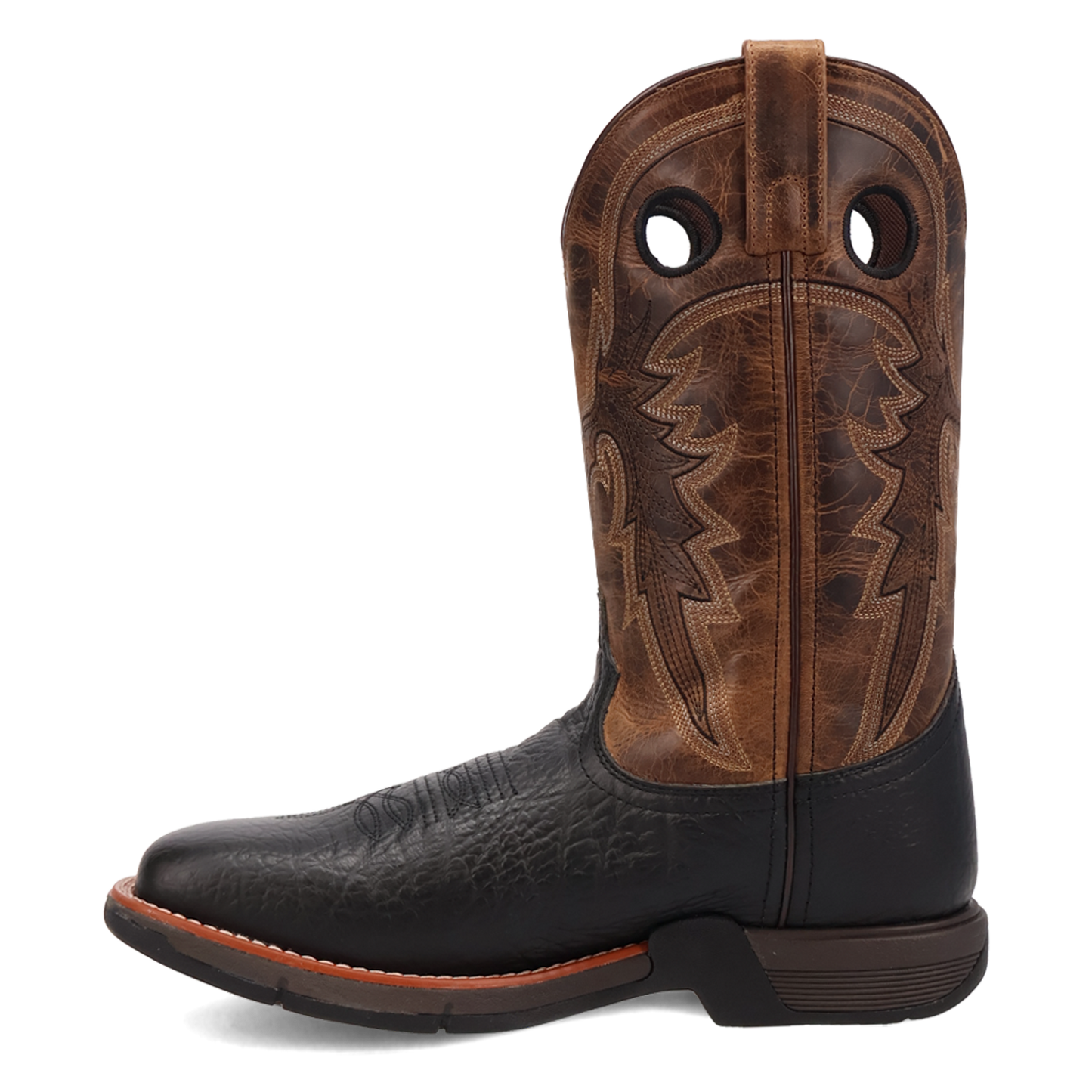 Brown and black cowboy boot with intricate design on a white background