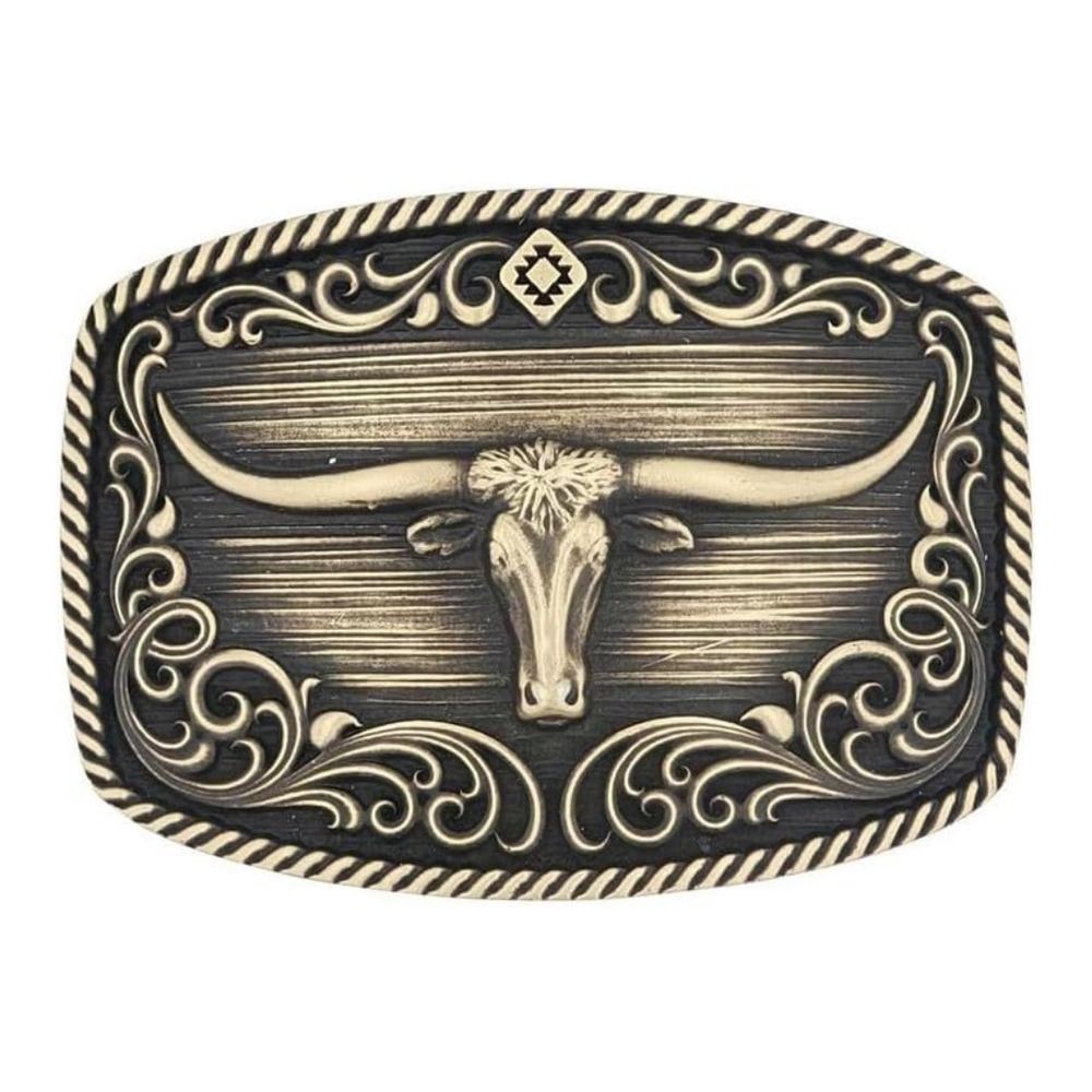 Belt buckle with longhorn design on a white background