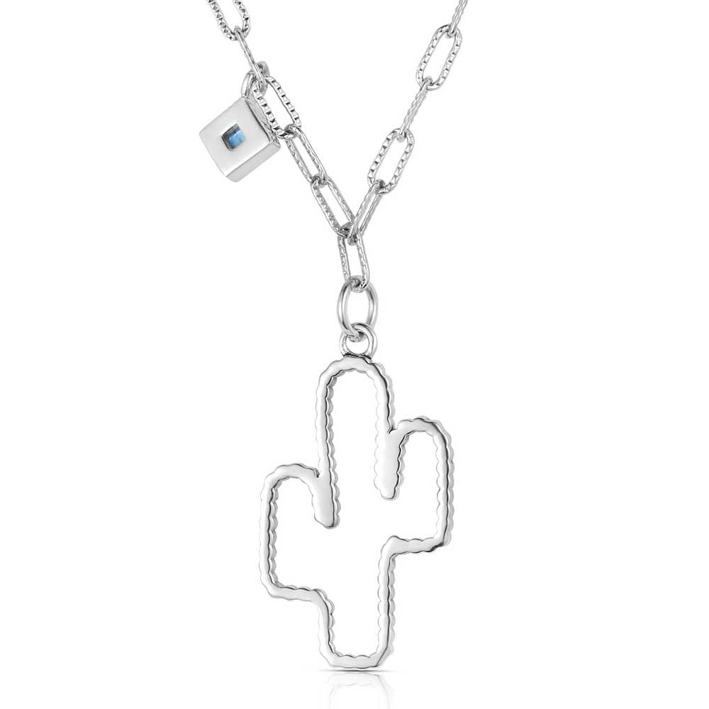 Silver cactus-shaped pendant on a chain with a clear background