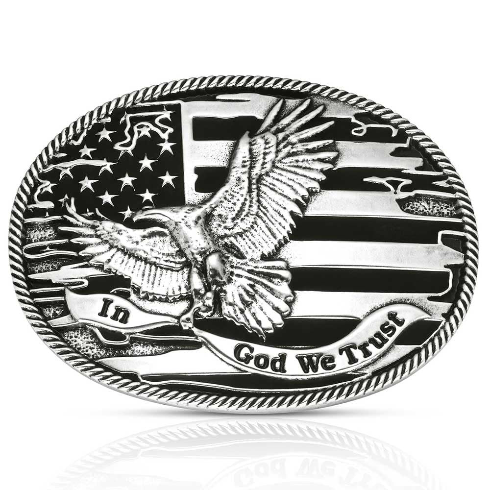 Belt buckle with American flag and eagle design on a white background