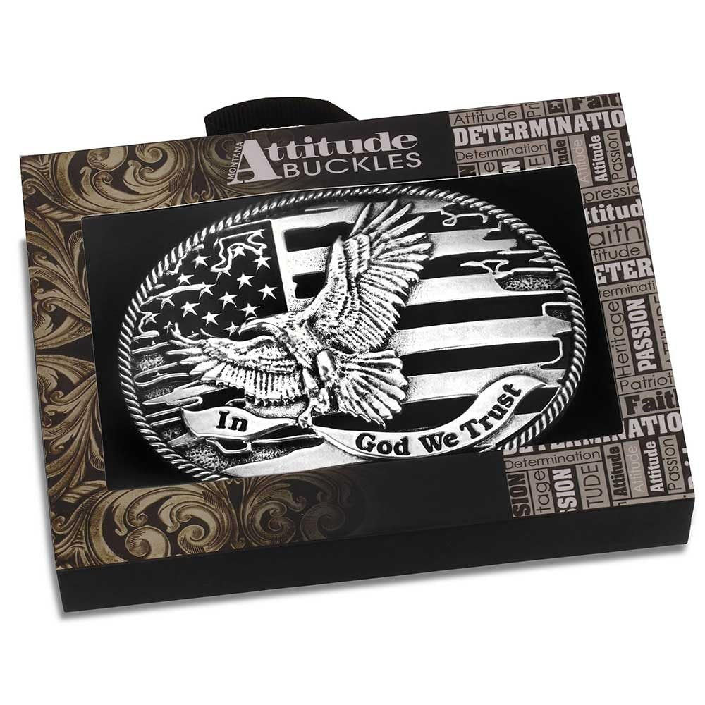 Belt buckle with American flag and eagle design on a branded box