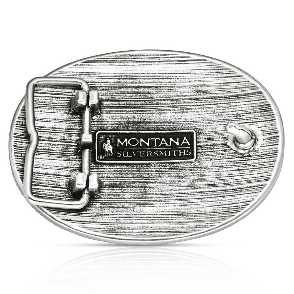 
                  
                    Silver belt buckle with 'Montana Silversmiths' logo on a white background
                  
                