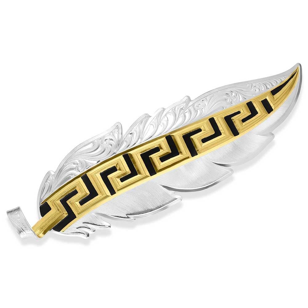 Decorative feather with gold, black, and silver design on a white background