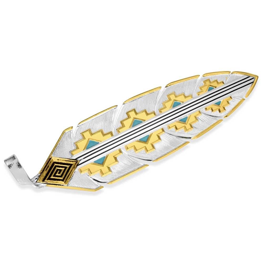 Decorative feather with gold and silver design on a white background