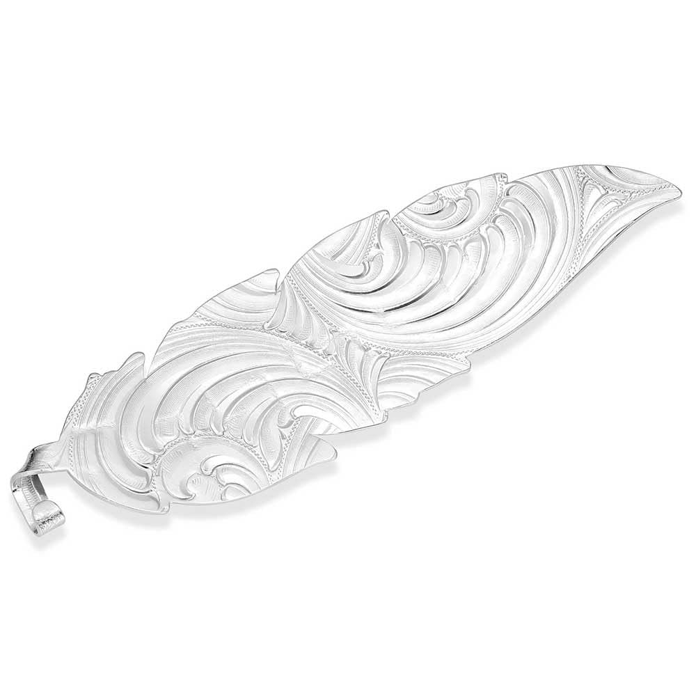 
                  
                    Silver feather-shaped pendant on a white background
                  
                