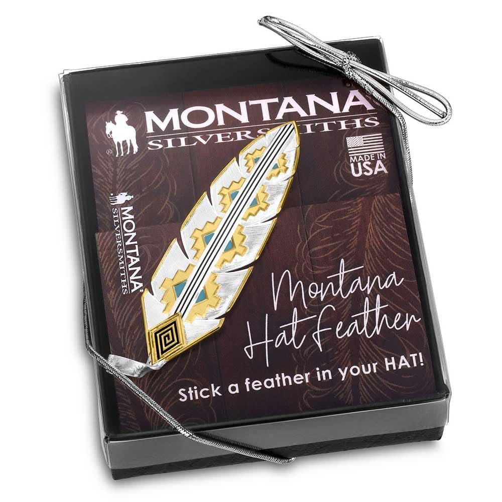 
                  
                    Montana Silversmiths hat feather in packaging with brand logo and text.
                  
                