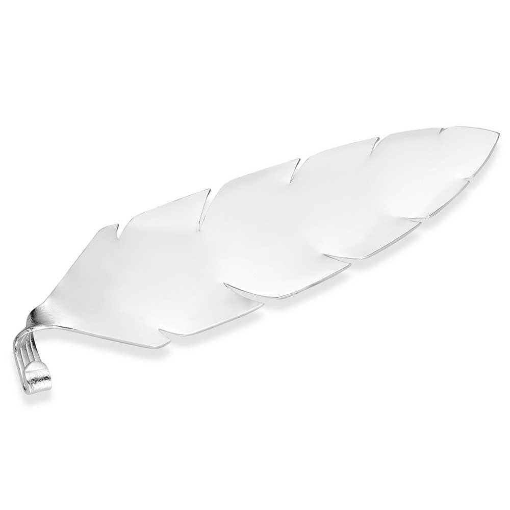 Silver feather-shaped object on a white background