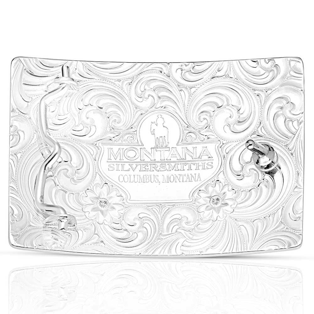 Decorative silver tray with intricate patterns and 'Montana Silversmiths' branding on a white background.