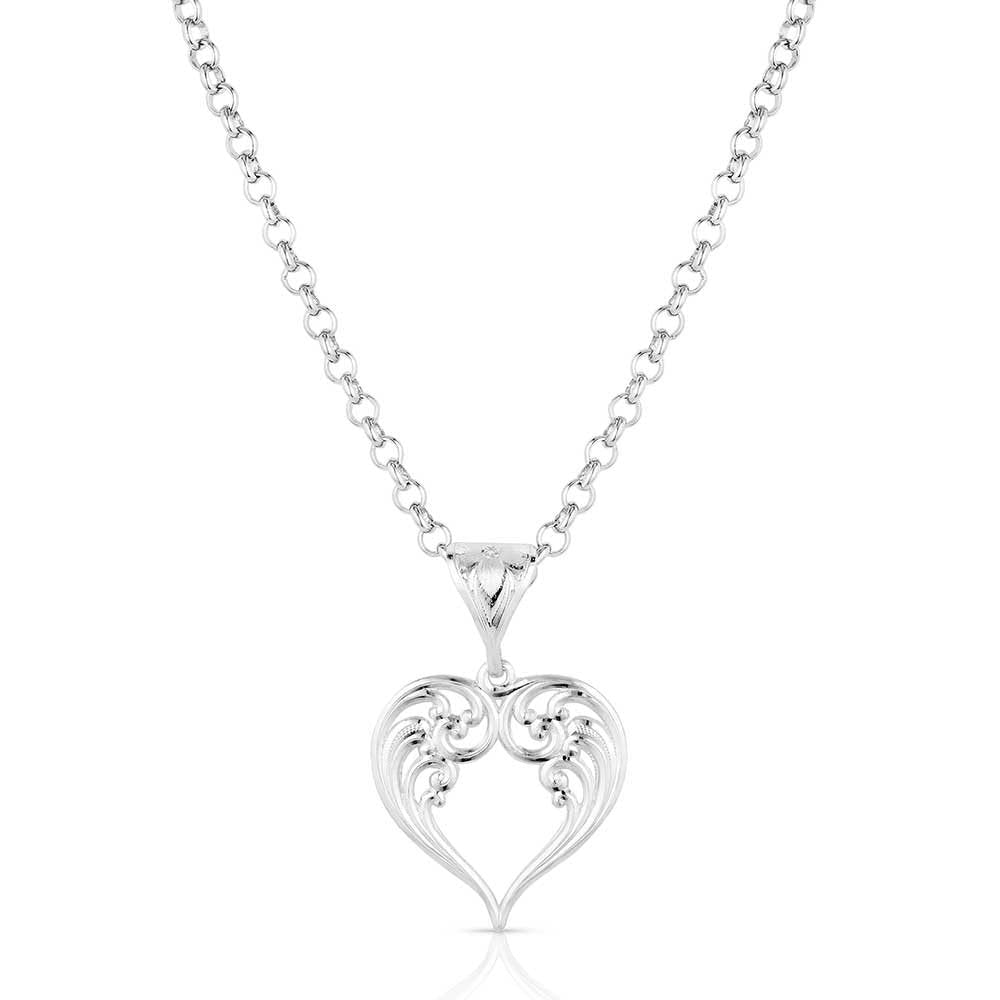 Silver heart-shaped pendant necklace on a white background