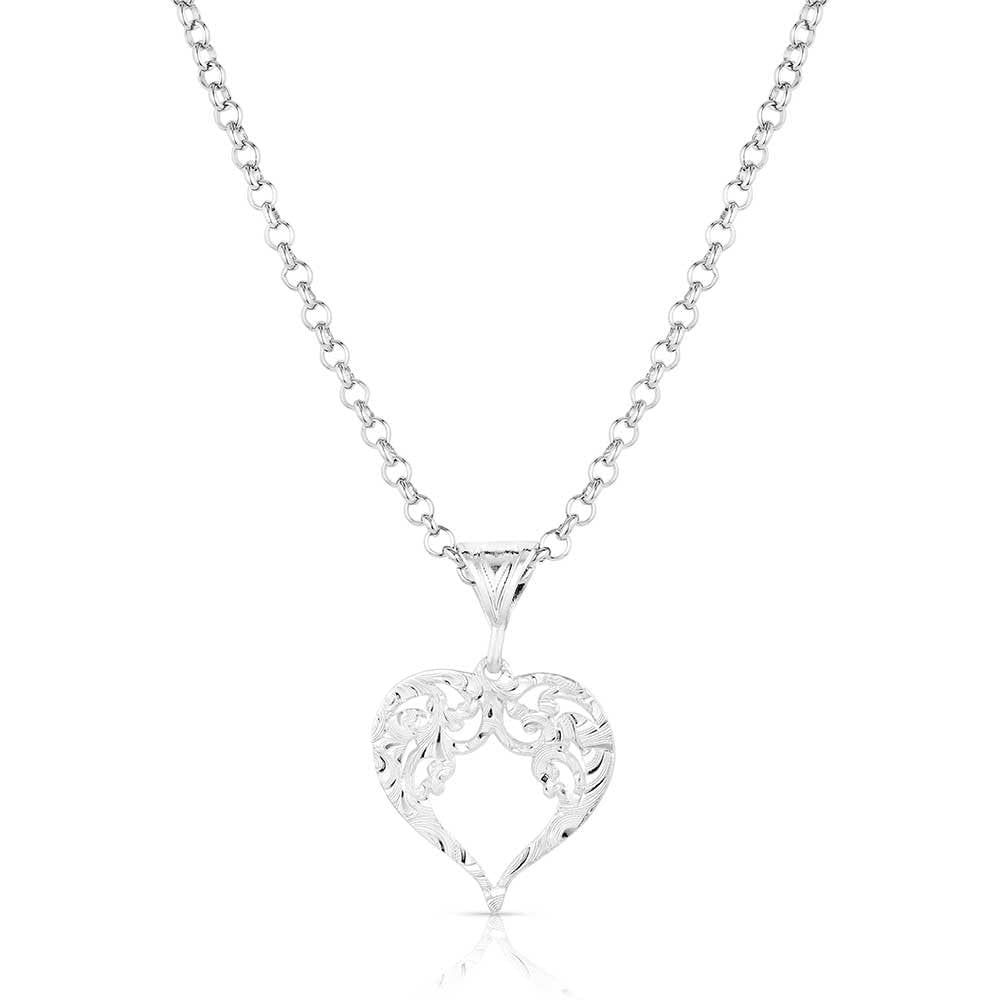 Silver heart-shaped pendant necklace on a white background
