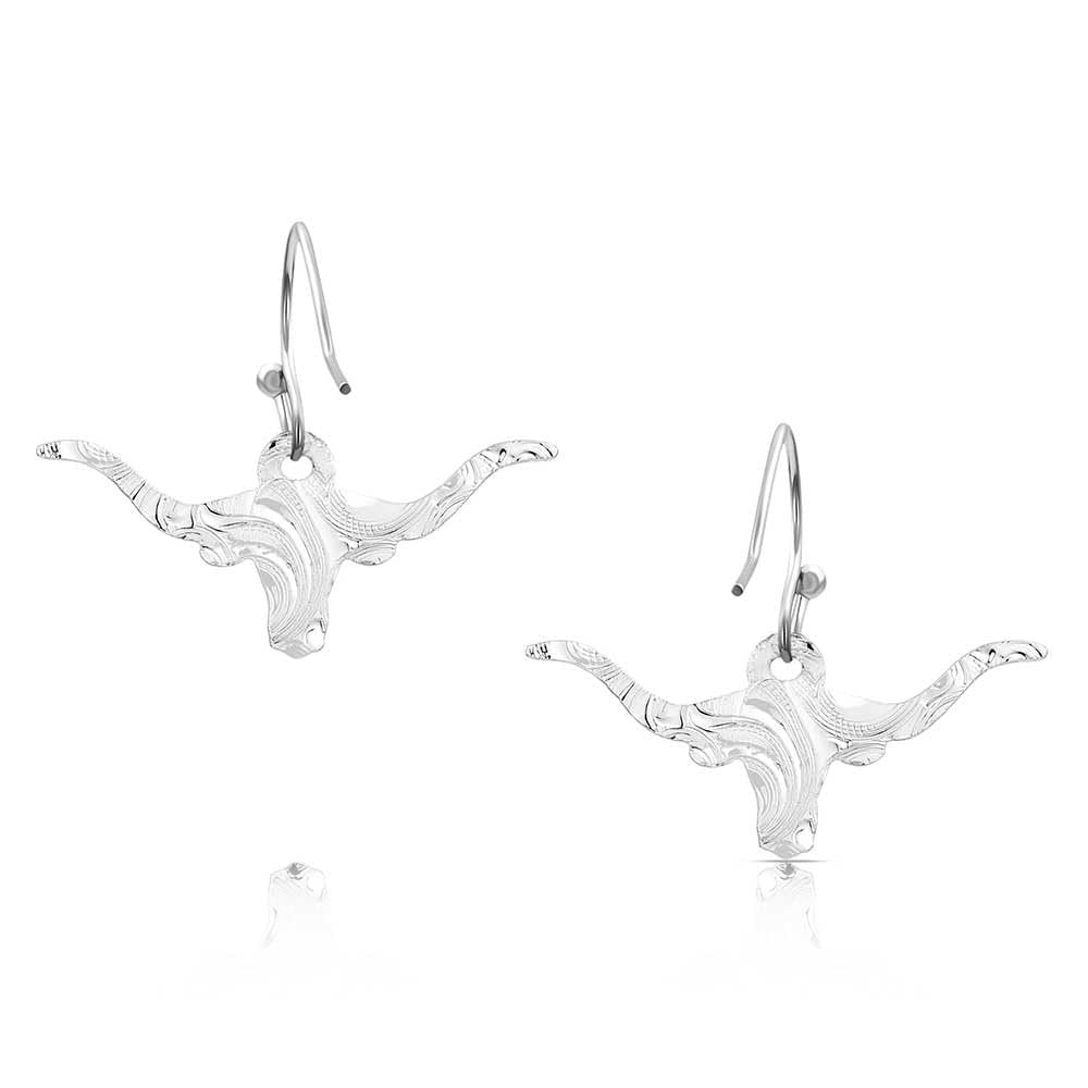 
                  
                    Silver longhorn cattle earrings on a white background
                  
                
