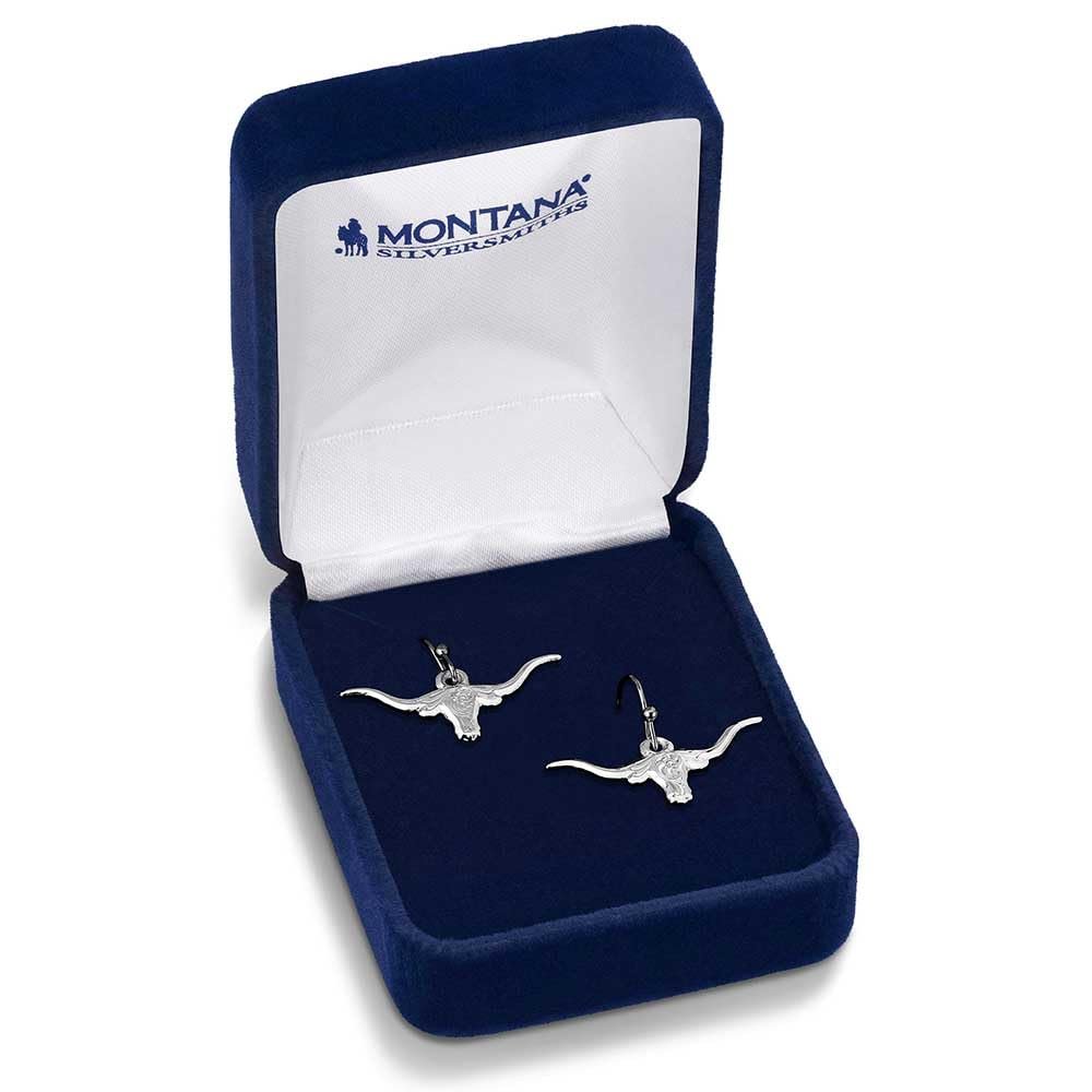 
                  
                    Silver longhorn earrings in a Montana Silversmiths box on a white background
                  
                