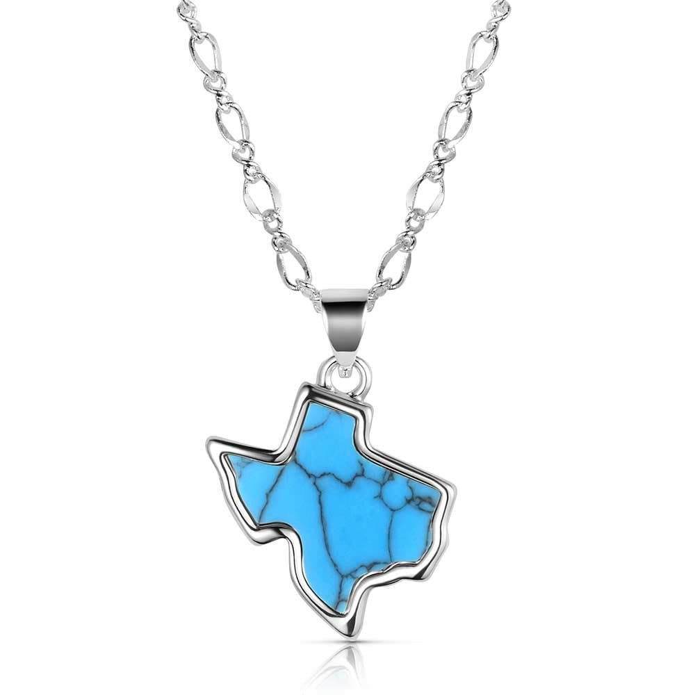 Turquoise stone Texas-shaped pendant on a silver chain against a white background