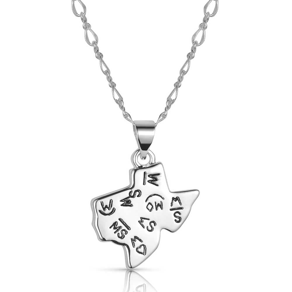 Silver necklace with a Texas-shaped pendant on a white background
