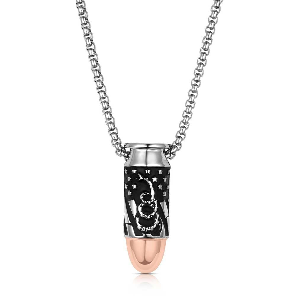 Necklace with a bullet-shaped pendant featuring a design on a white background