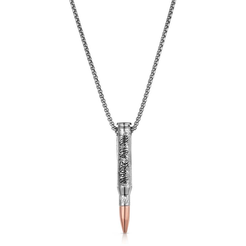
                  
                    Bullet-shaped pendant necklace with rose gold accent on a white background
                  
                