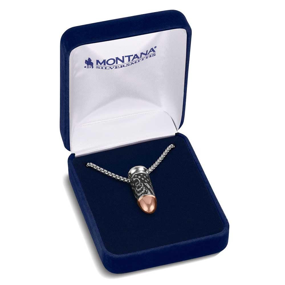 
                  
                    Silver and rose gold necklace in a Montana Silversmiths box on a white background
                  
                