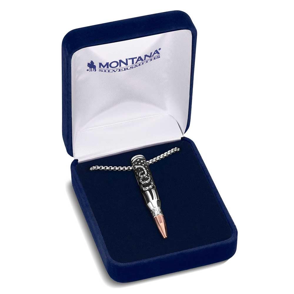 
                  
                    Bullet-shaped necklace in a blue Montana Silversmiths box on a white background
                  
                