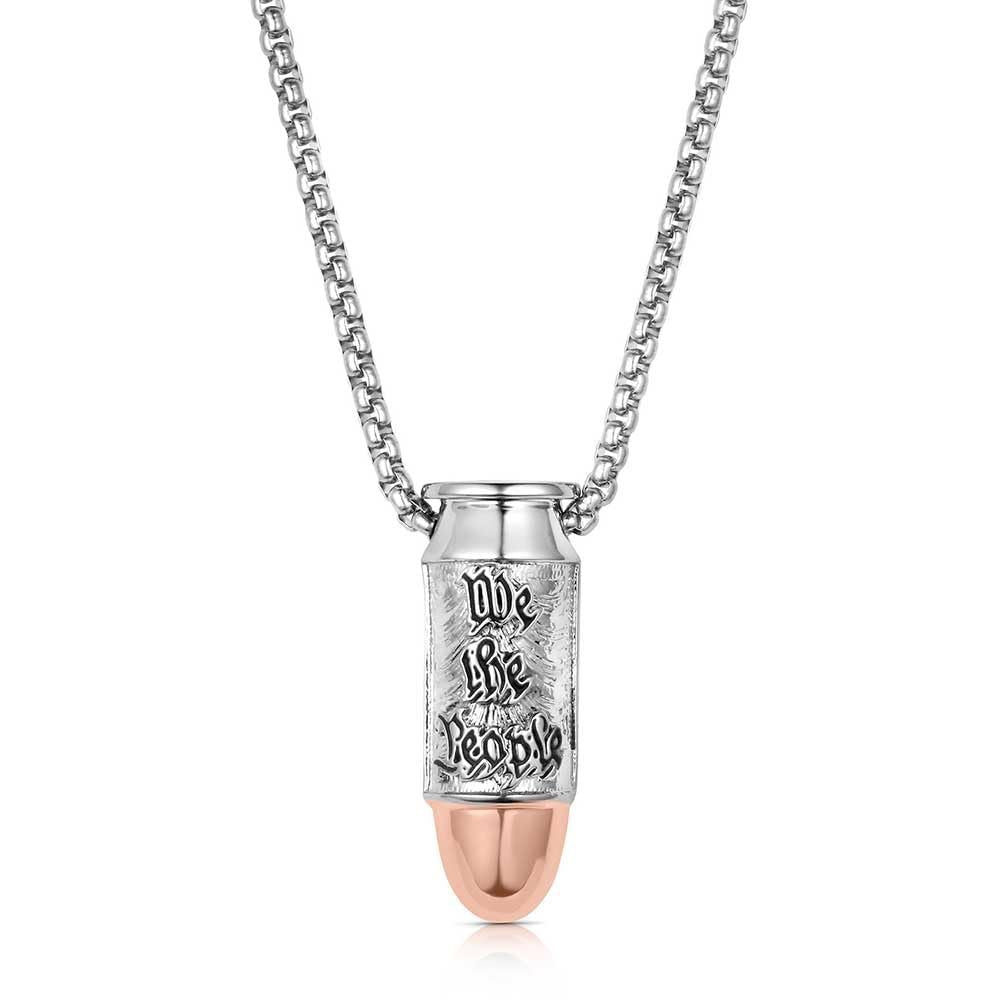 
                  
                    Silver and rose gold necklace with a bullet-shaped pendant on a white background
                  
                