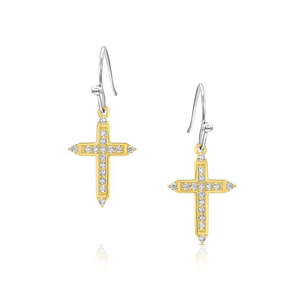 Gold cross earrings with clear stones on a white background