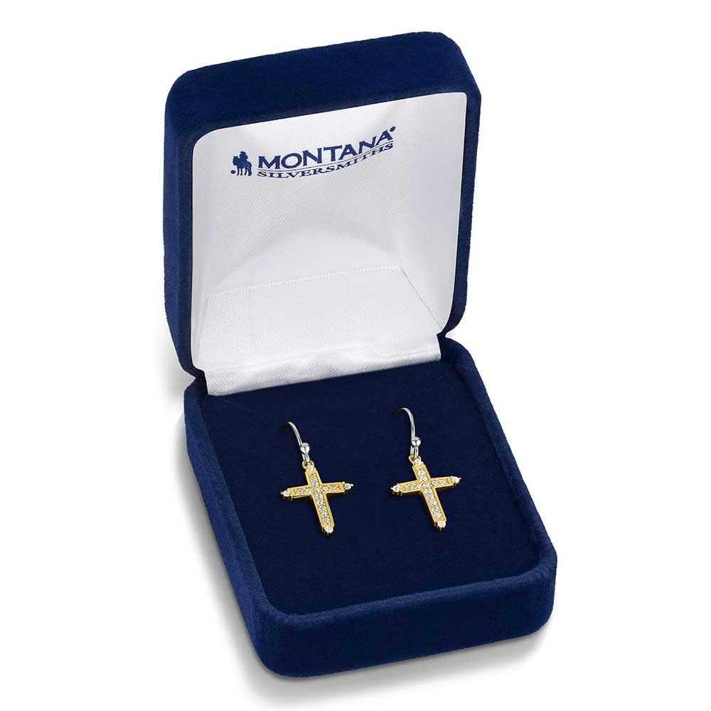 
                  
                    Gold cross earrings in a Montana Silversmiths box on a white background
                  
                