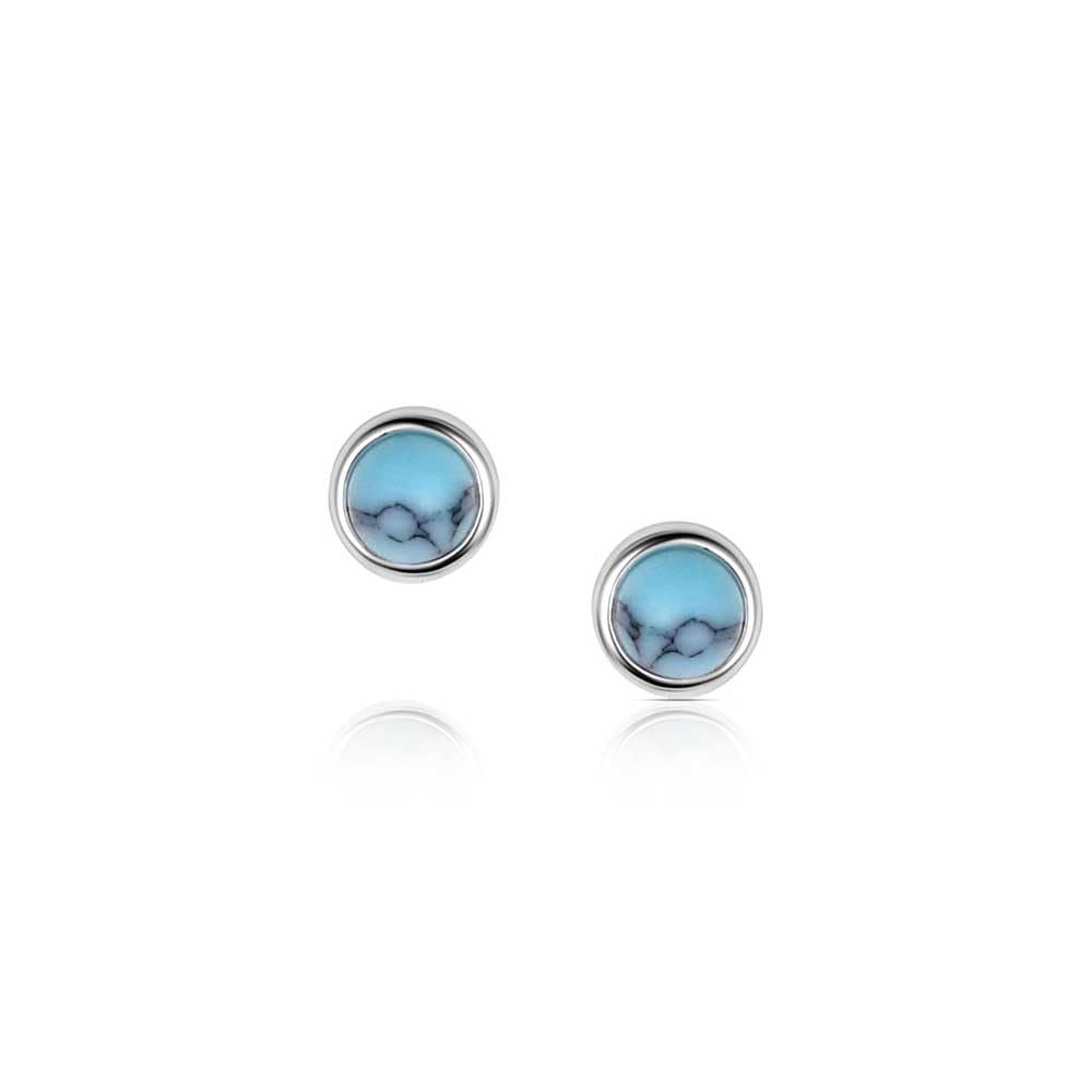 
                  
                    Pair of round earrings with blue marbled stones on a white background
                  
                