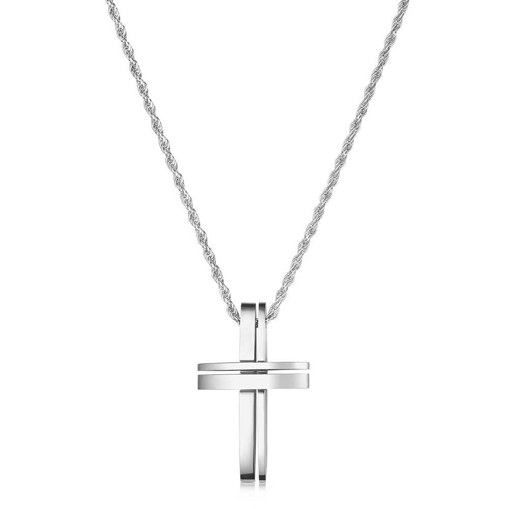 Silver cross pendant necklace on a white background