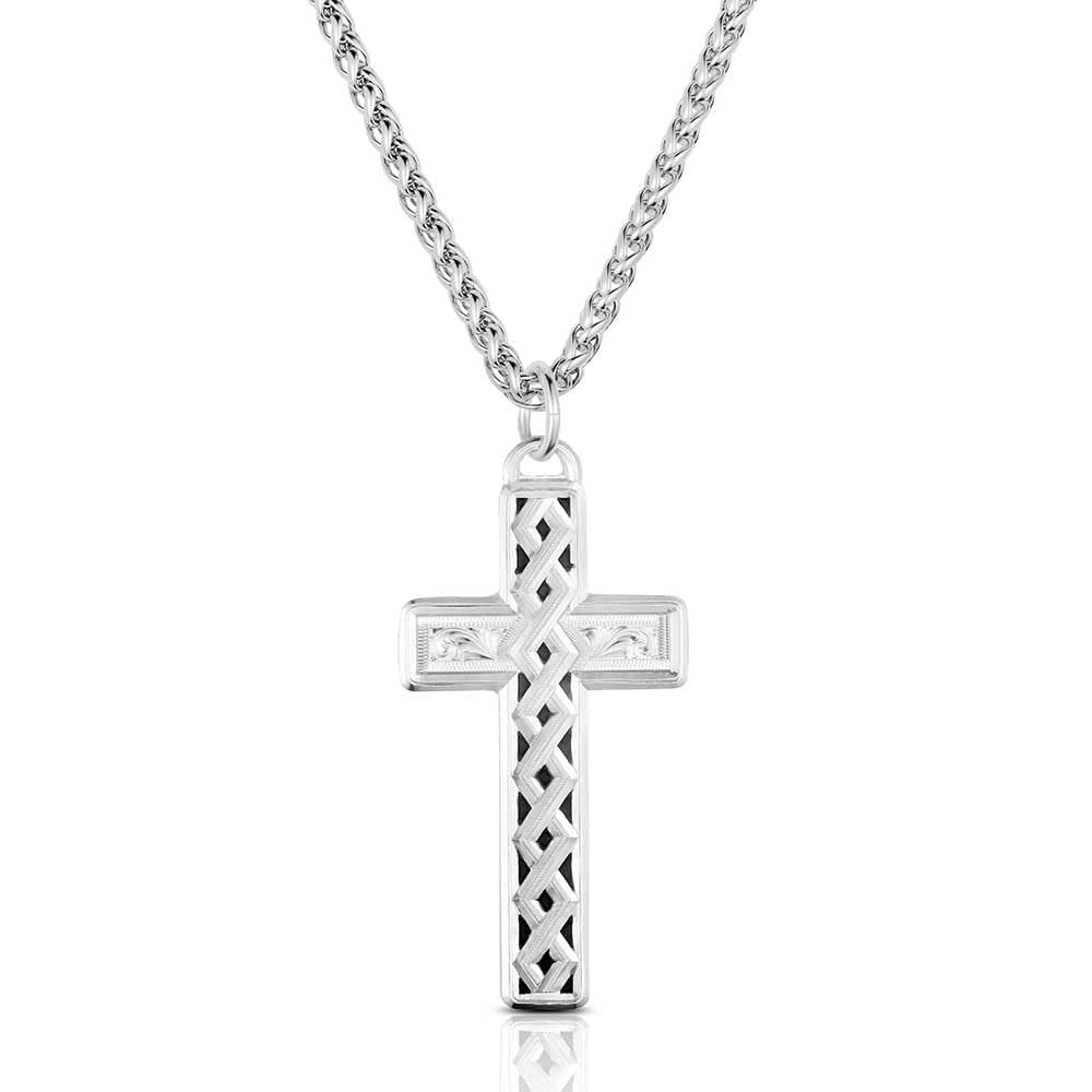 Silver cross pendant necklace on a white background