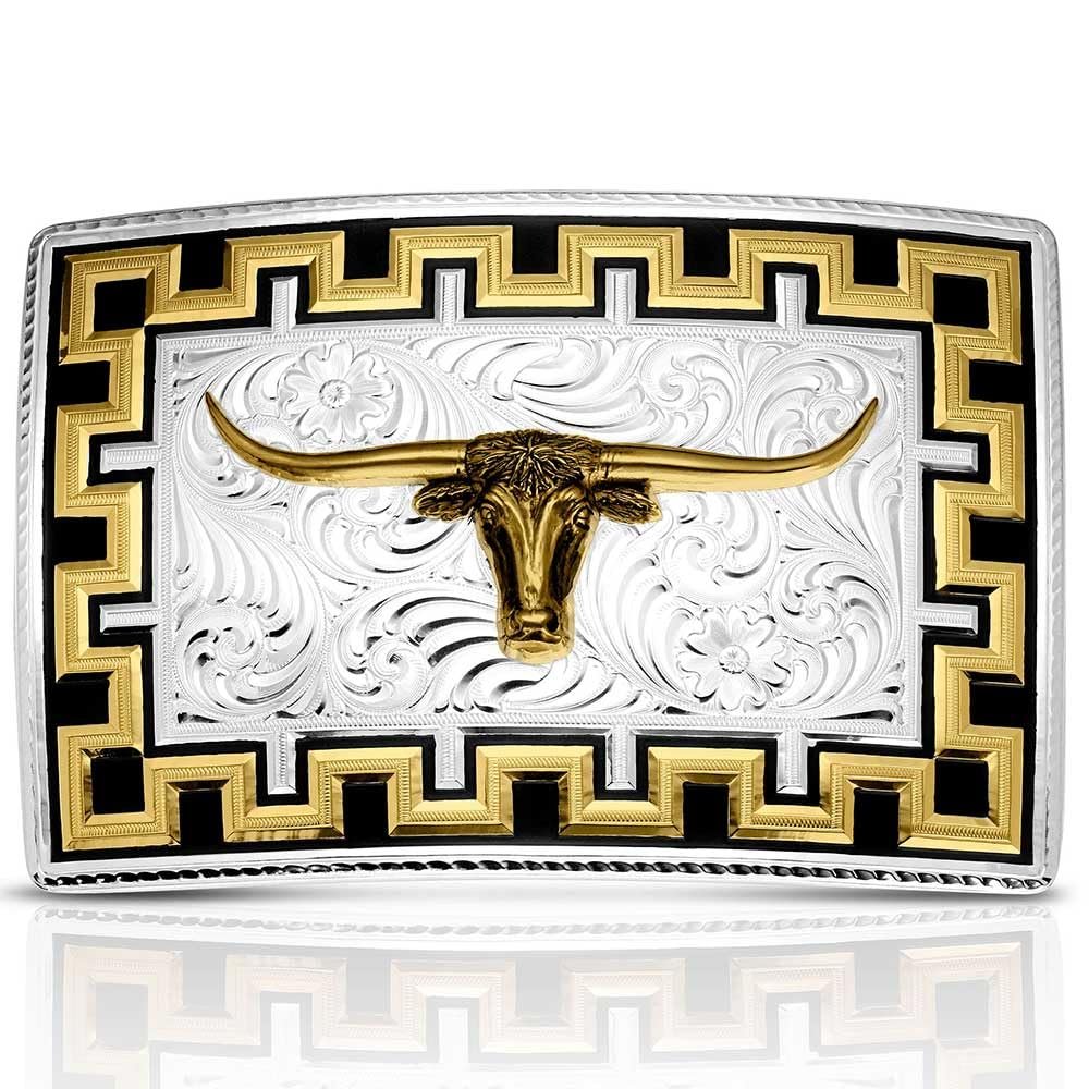 Belt buckle with longhorn bull design on a white background
