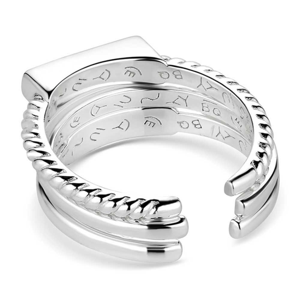 
                  
                    Silver ring with engraved text on a white background
                  
                