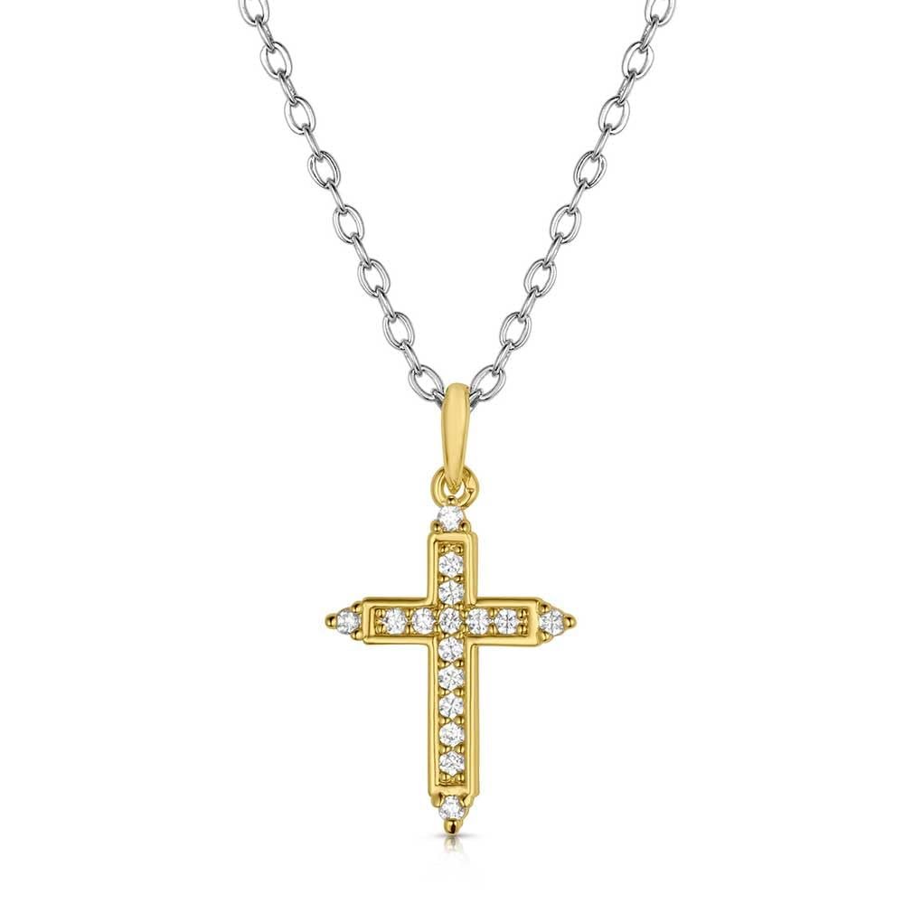 Gold cross pendant necklace on a white background