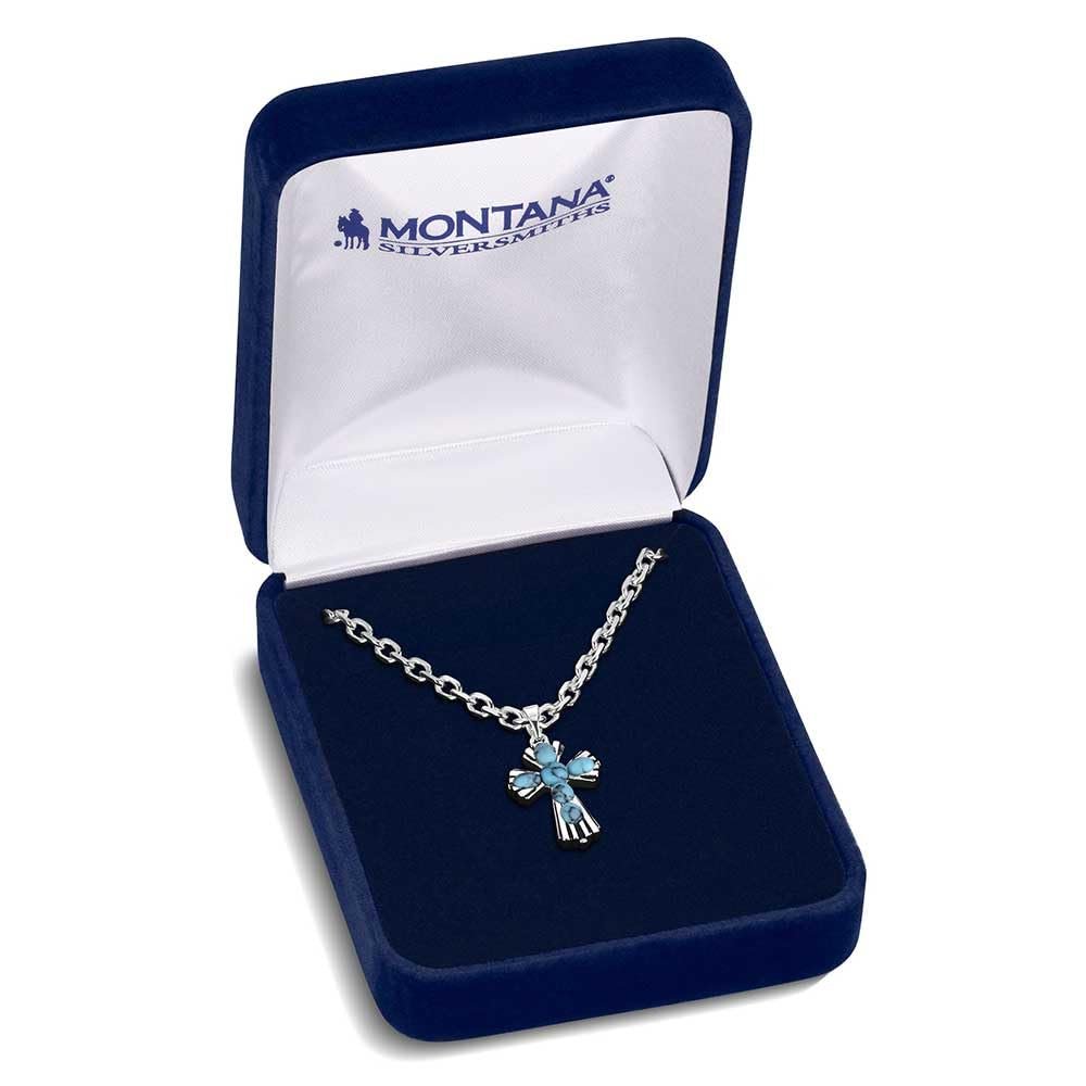 
                  
                    Silver necklace with a blue pendant in a Montana Silversmiths box
                  
                