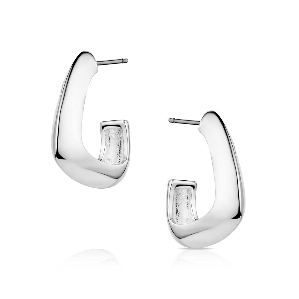 Pair of silver hoop earrings on a white background