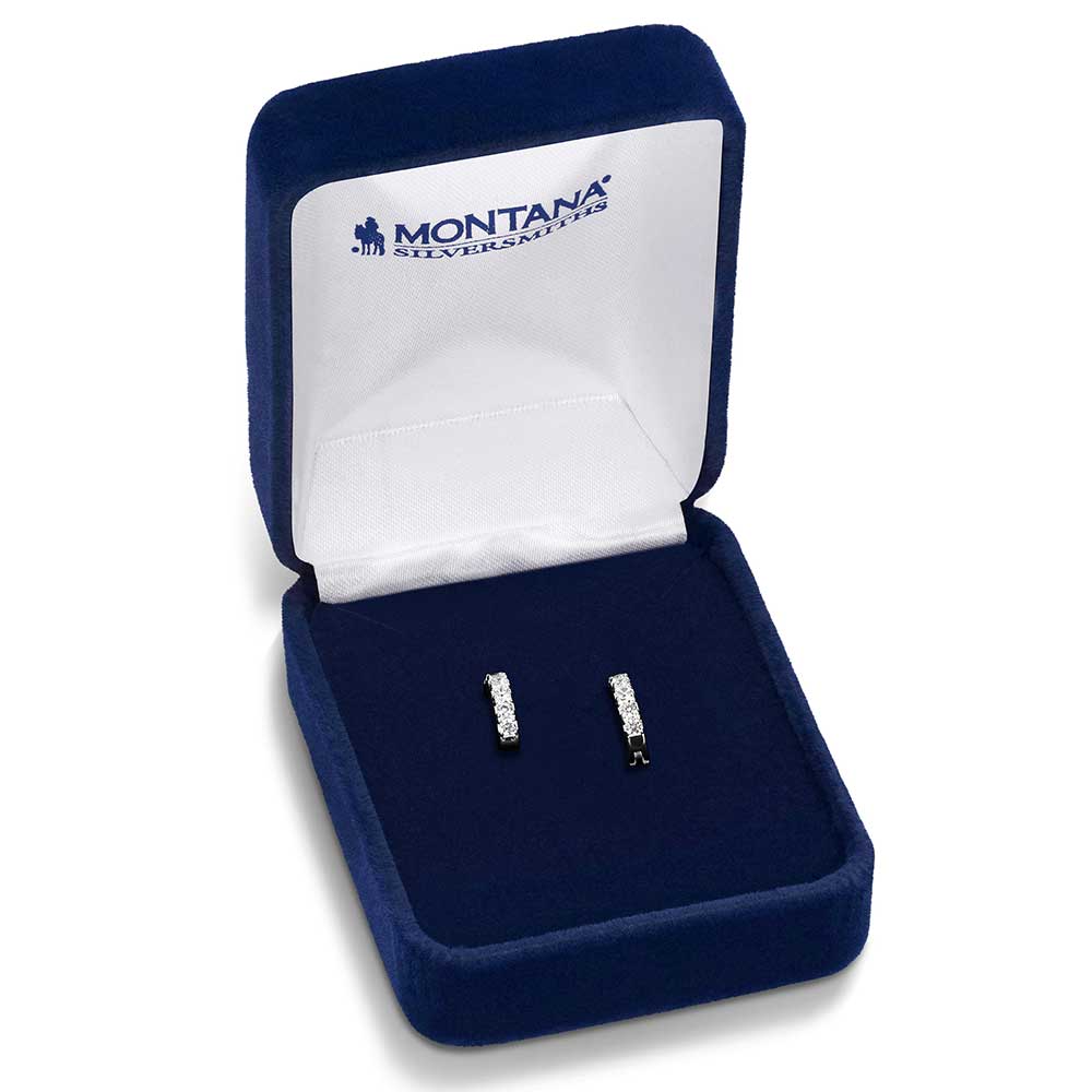
                  
                    Silver earrings in a blue jewelry box with 'Montana Silversmiths' branding.
                  
                