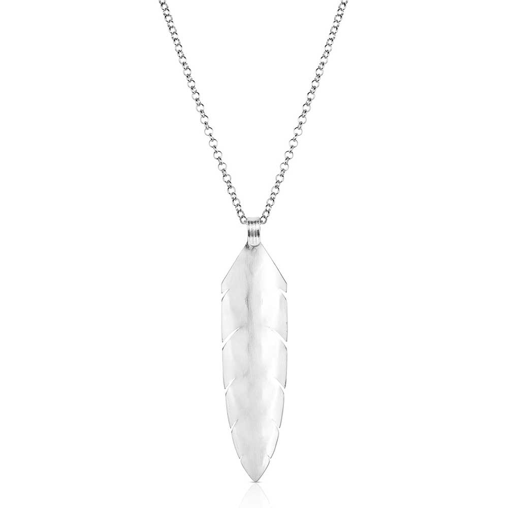 
                  
                    Silver feather pendant necklace on a white background
                  
                