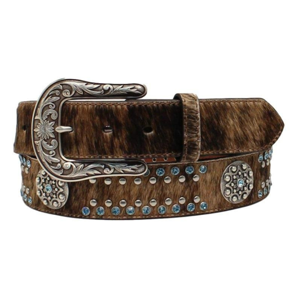 Nocona Women's 1 1/2" Calf Hair Belt w/ Aqua Stone Round Concho, Brown