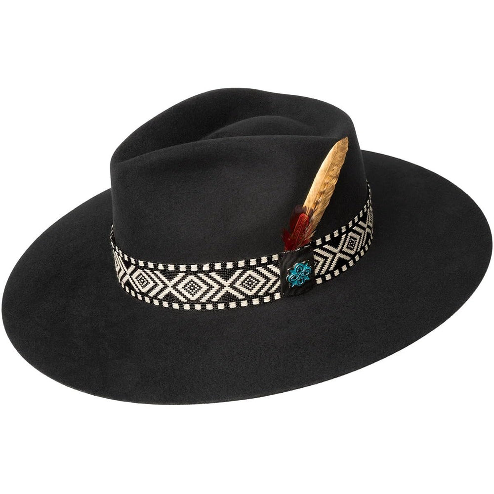 Black fedora hat with decorative band and feather on a white background