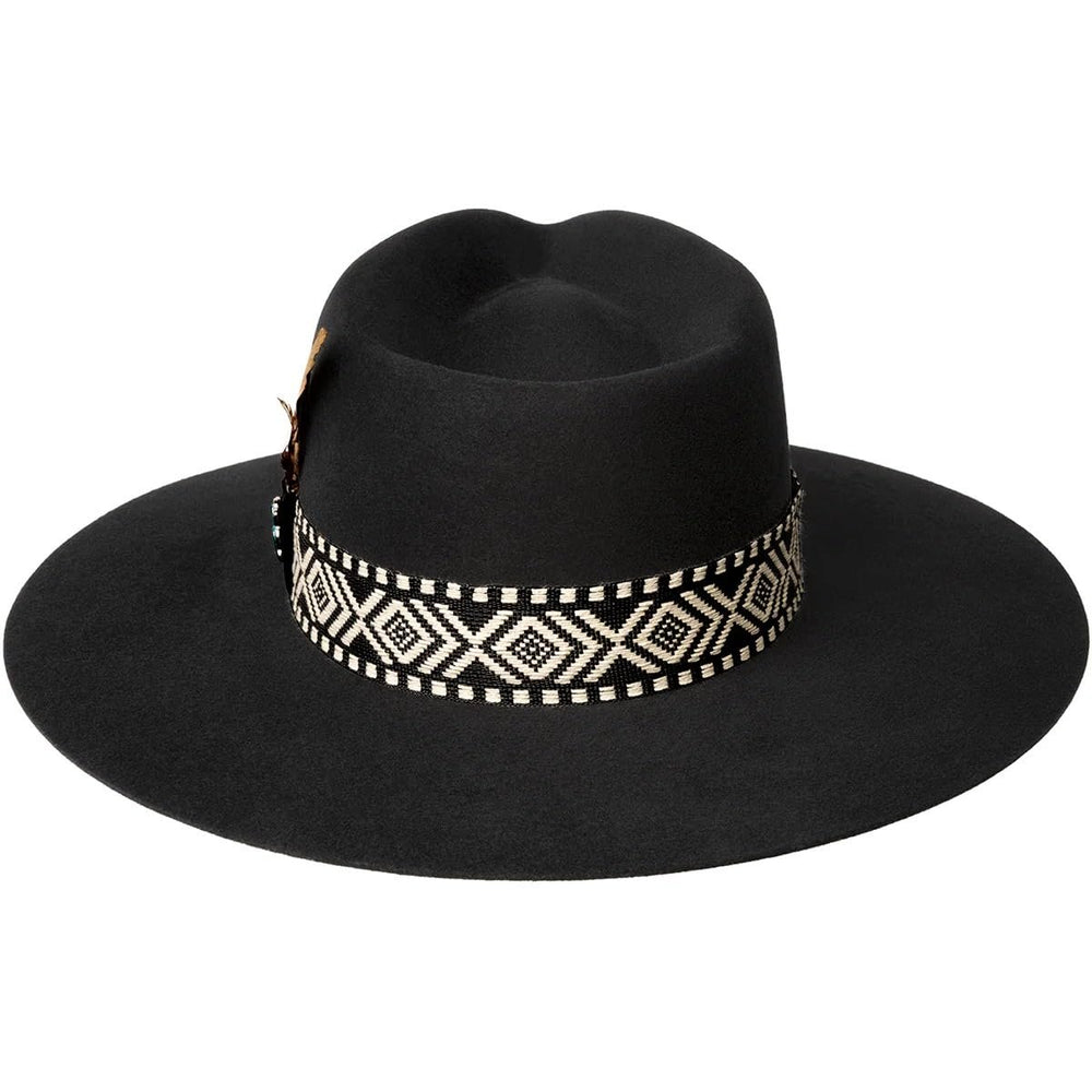 Black fedora hat with a decorative band on a white background